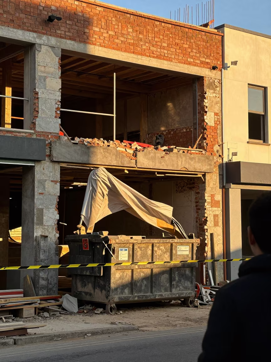 Demolition Dumpster Under Gutted Storefront Facade in on an active construction deck near Stone Town