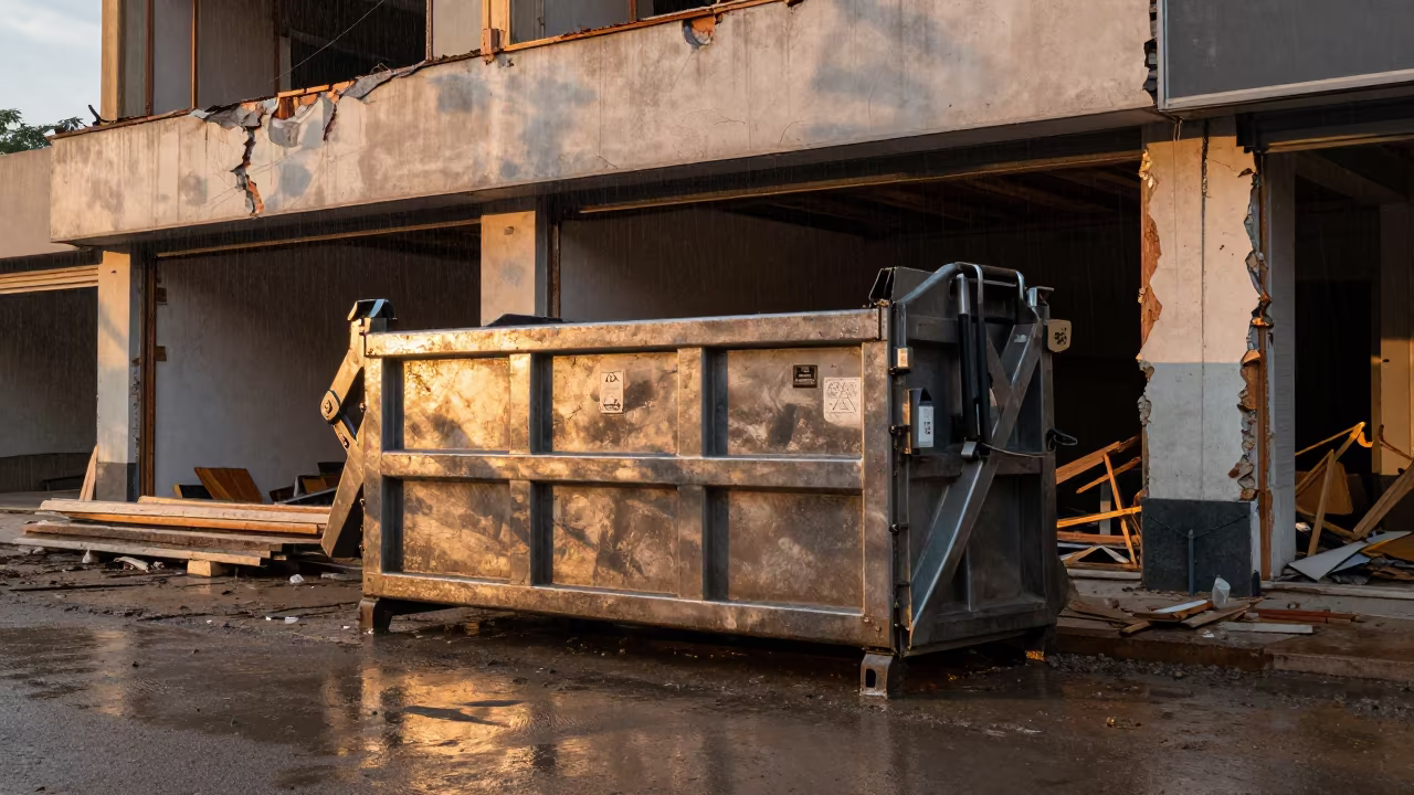 Demolition Dumpster Beneath Gutted Storefront in Guiglo in inside a taped-off excavation edge near Guiglo