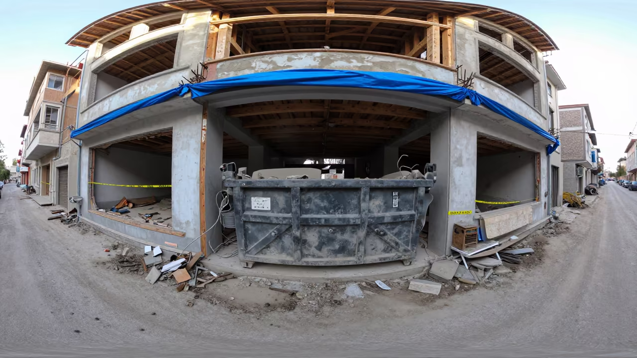 Demolition Dumpster Beneath Gutted Storefront in Izmir in at a muddy site access road in Izmir