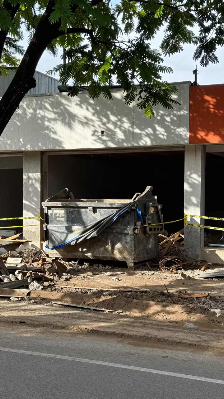 Demolition Dumpster Under Gutted Storefront La Victoria in at a muddy site access road in La Victoria