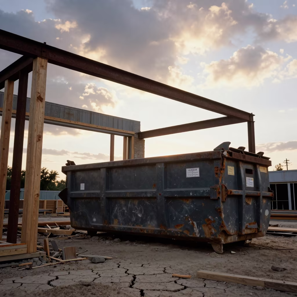 Demolition Dumpster Under Gutted Storefront in beside a framed building shell in Tennessee