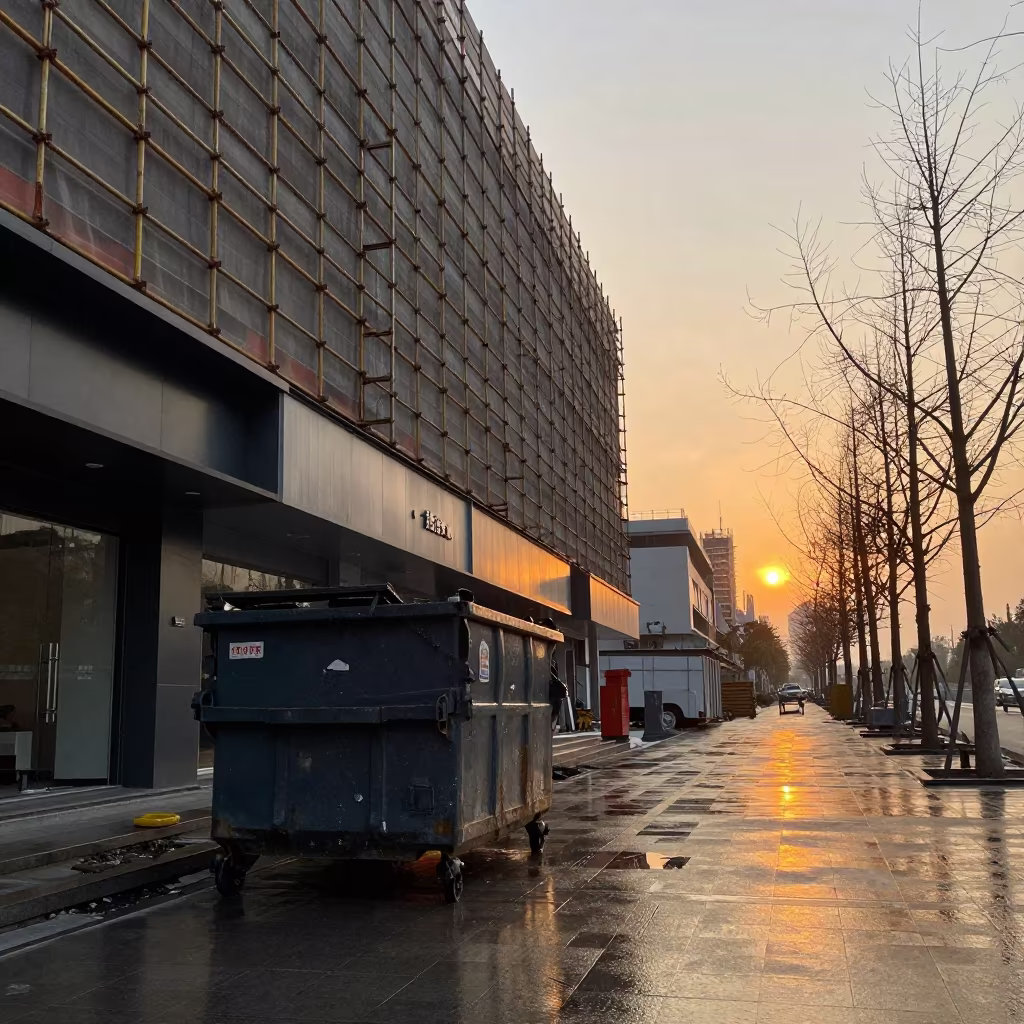 Demolition Dumpster Under Winter Scaffolding Xiamen in along a scaffolded facade near Xiamen