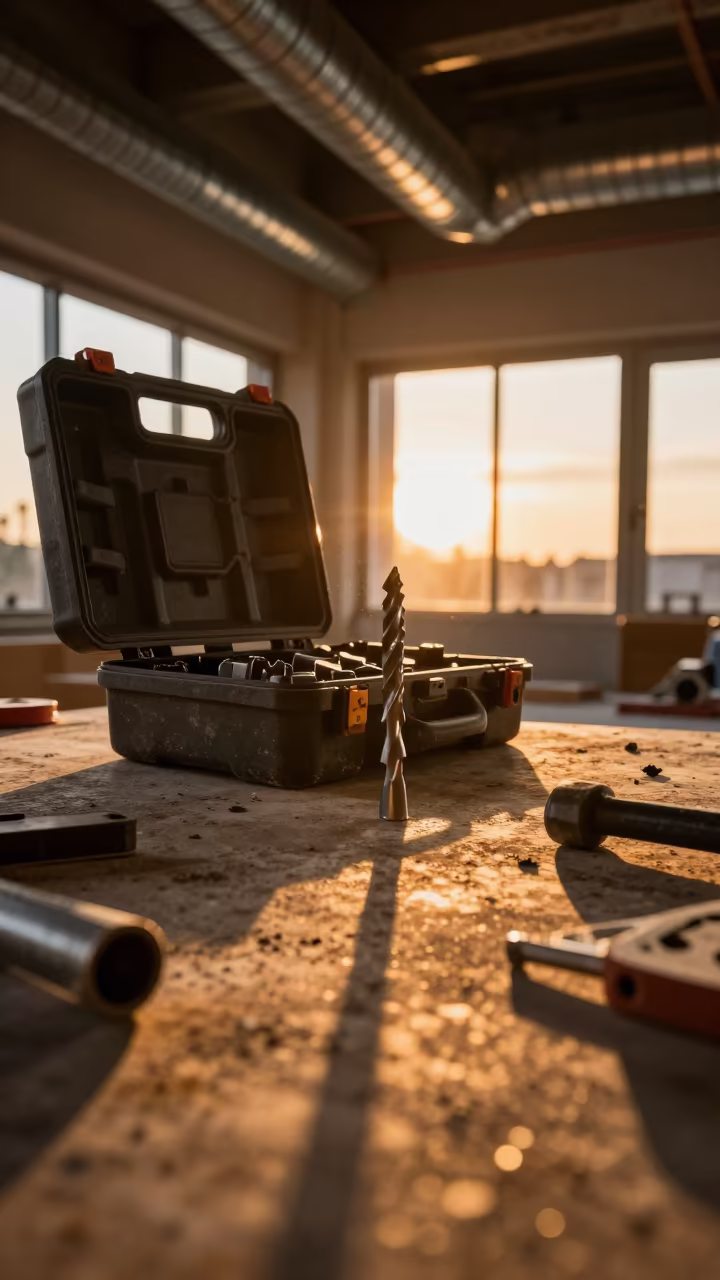 Demolition Hammer Bit Case in Amber Light in in a mechanical room under buildout in Latvia