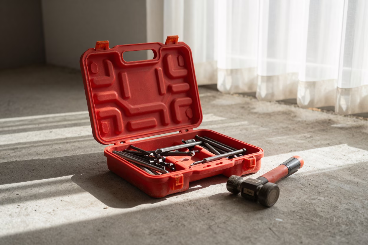 Demolition Hammer Bit Case Dawn Light Perth in in a renovation zone under temporary light near Perth