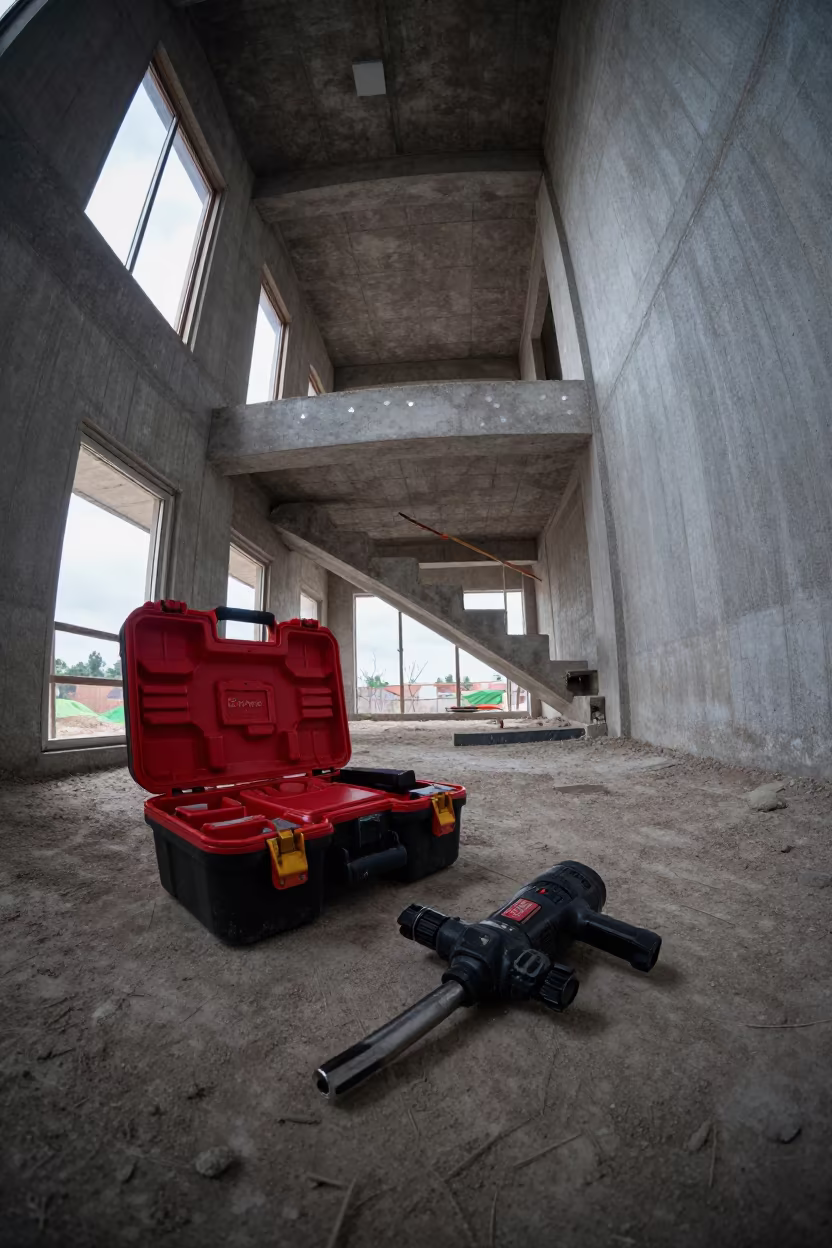 Demolition Hammer Bit Case in Monterrey Stair Tower in inside a bare shell stair tower in Monterrey