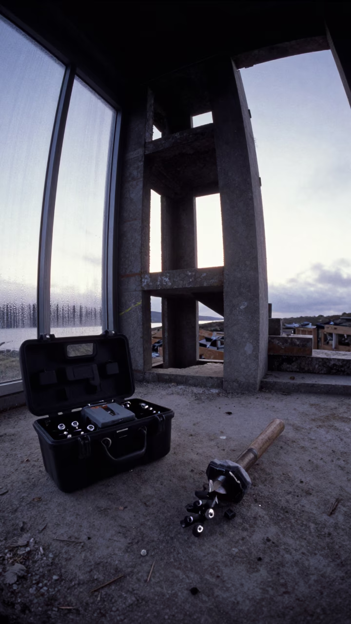 Demolition Hammer Case in Highland Stair Tower in inside a bare shell stair tower in the Scottish Highlands