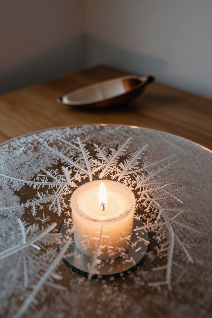 Dendritic Frost on Glass in Candlelight in inside a seed pod split open in Srinagar