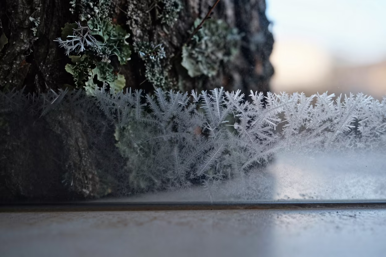 Dendritic Frost Patterns on Glass in Higüey in on lichen-covered bark in Higüey