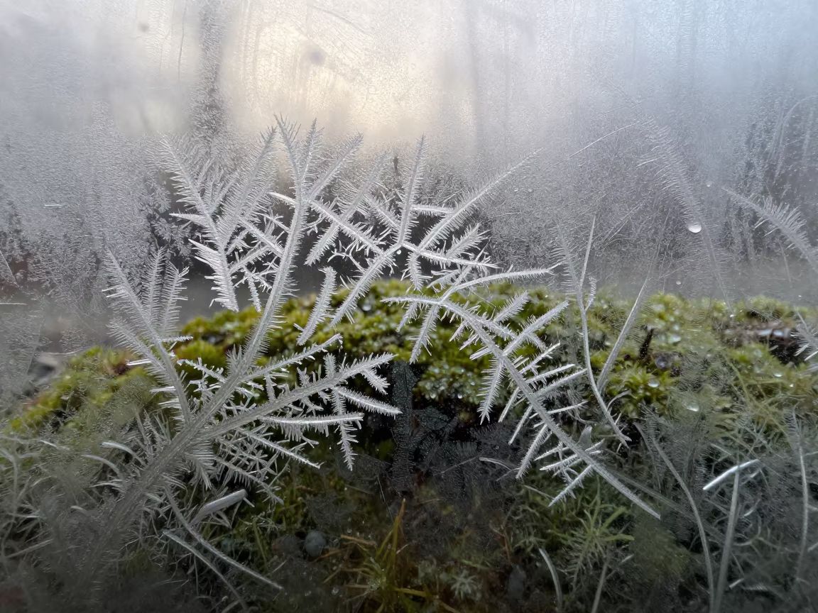 Dendritic Frost Patterns on Glass in Late Afternoon in on dew-soaked moss in Cumilla