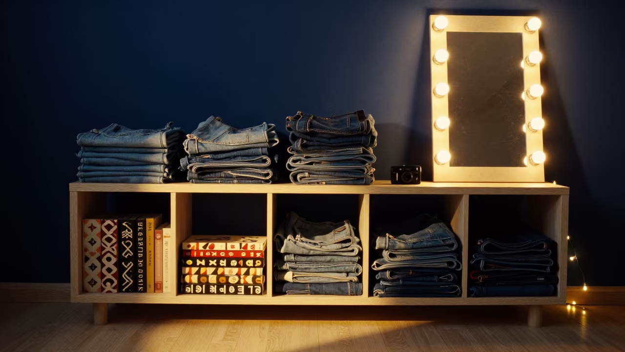 Denim Books and Mirror Lights Midnight Skopje in beside a mirror lined with makeup bulbs near Skopje