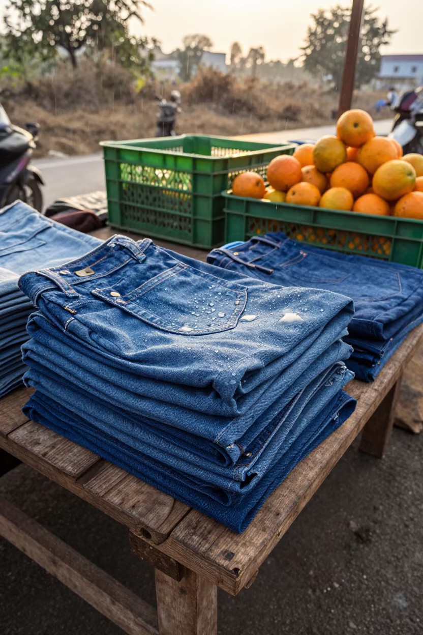 Denim on Fruit Stand After Rain in at a roadside fruit stand in Gujranwala