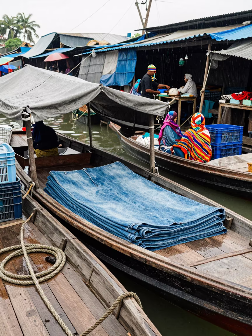 Denim Folded on Chittagong Market Boat Noon in at a floating market boat in Chittagong