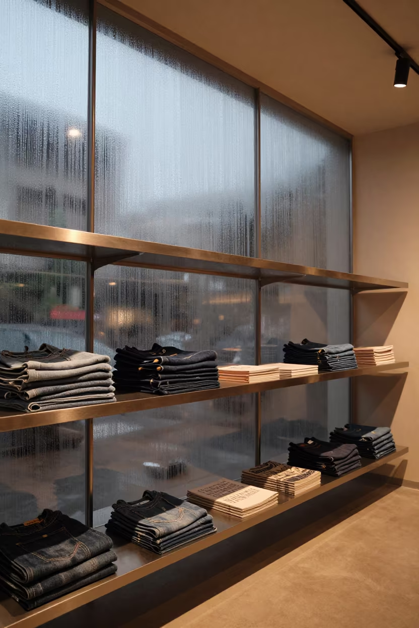 Denim Pattern Books on Atelier Shelf in Hyderabad in inside a minimalist showroom in Hyderabad