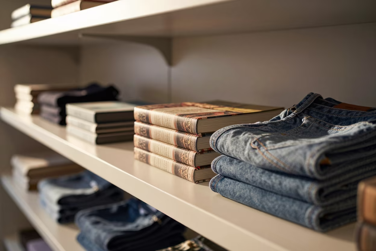 Denim Pattern Books on Atelier Shelf Near Horizon in inside a minimalist showroom near Oran
