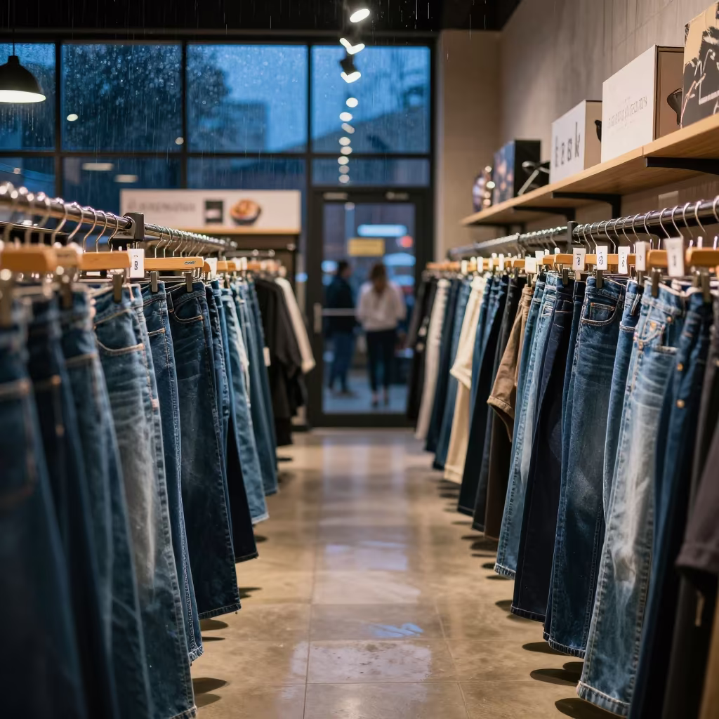 Denim Rack in Dim Evening Retail Light in beside a seasonal endcap near the sales floor in Birmingham