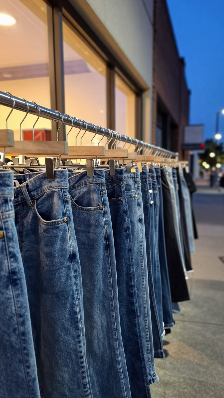 Denim Rack in Kansas City Store Twilight in inside a storefront display zone in Kansas City