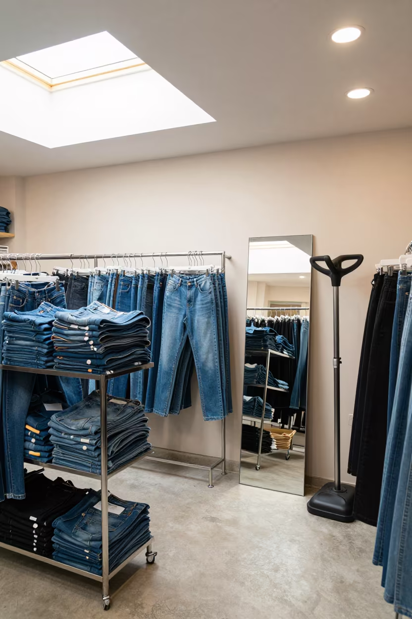 Denim Rack and Mirror in Asyut Store in along a front-of-store display run in Asyut