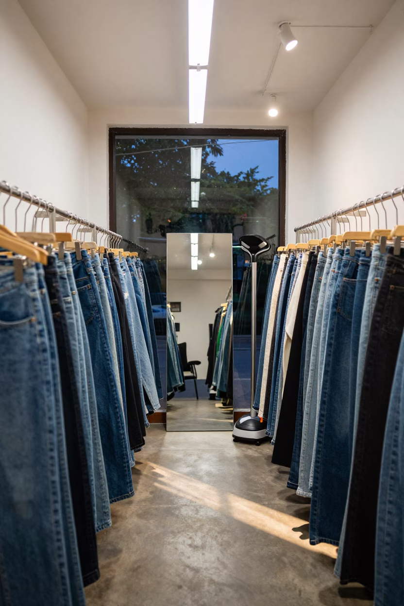 Denim Rack Mirror Steamer Guilin Shop in inside a retail floor display area in Guilin