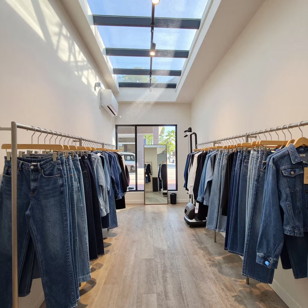 Denim Rack Mirror Steamer Morning Light Tampa in along a front-of-store display run near Tampa