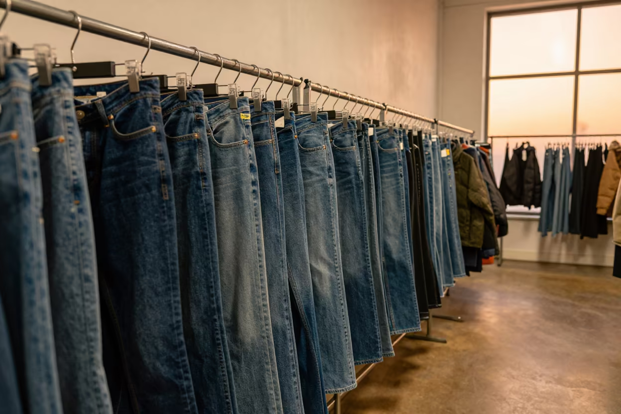 Denim Rack with Size Cubes in Copper Window Light in along a front-of-store display run near Plymouth