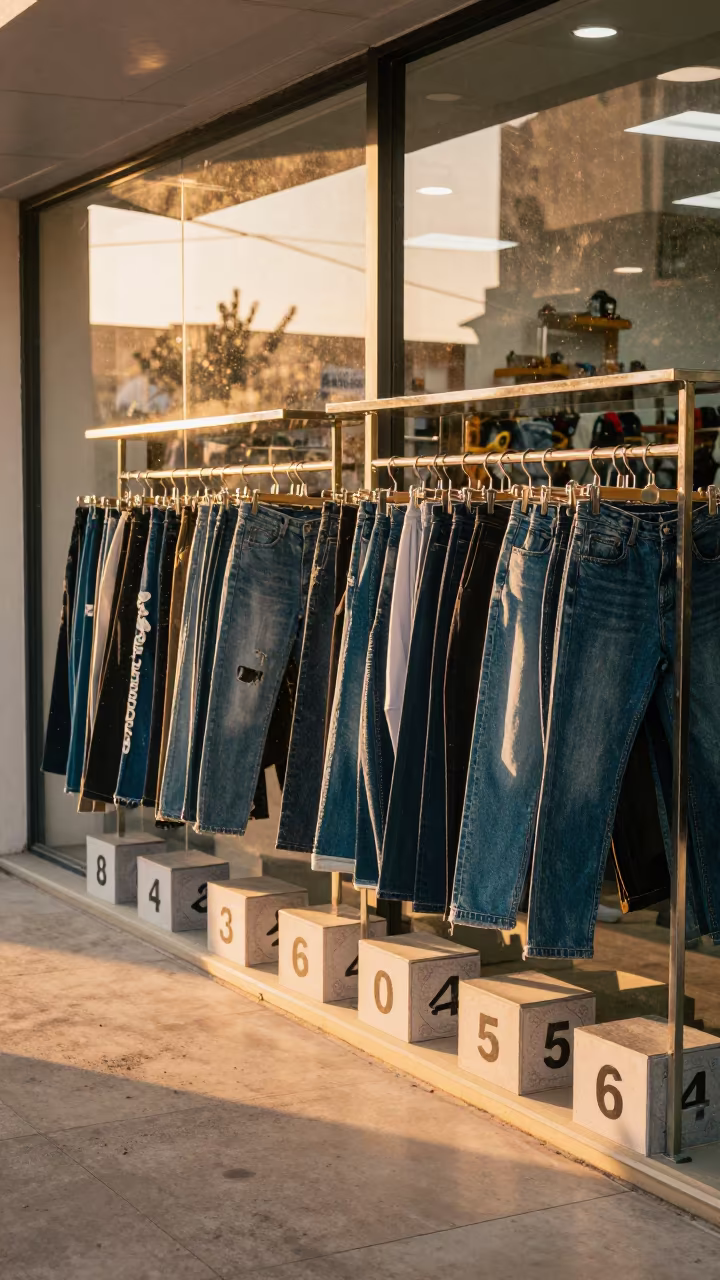 Denim Rack Sunset Reflections Kirkuk Store in inside a storefront display zone in Kirkuk