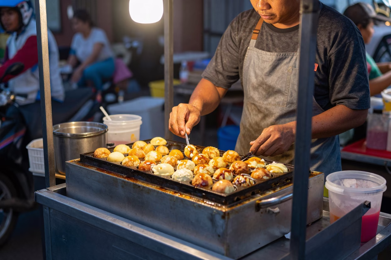 Denpasar Bali Street Food Vendor Serving Takoyaki in Honeyed Evening Light in in Denpasar, Indonesia