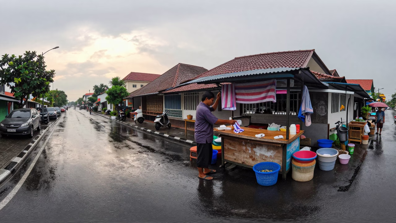 Denpasar First Light Rain Wet Street Reflections Local Vendor Morning in in Denpasar, Indonesia