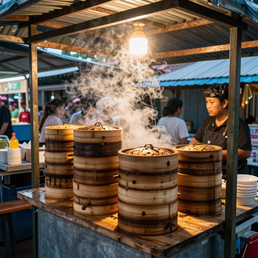 Denpasar Food Stall at As First Light Reaches The Scene in in Denpasar, Indonesia