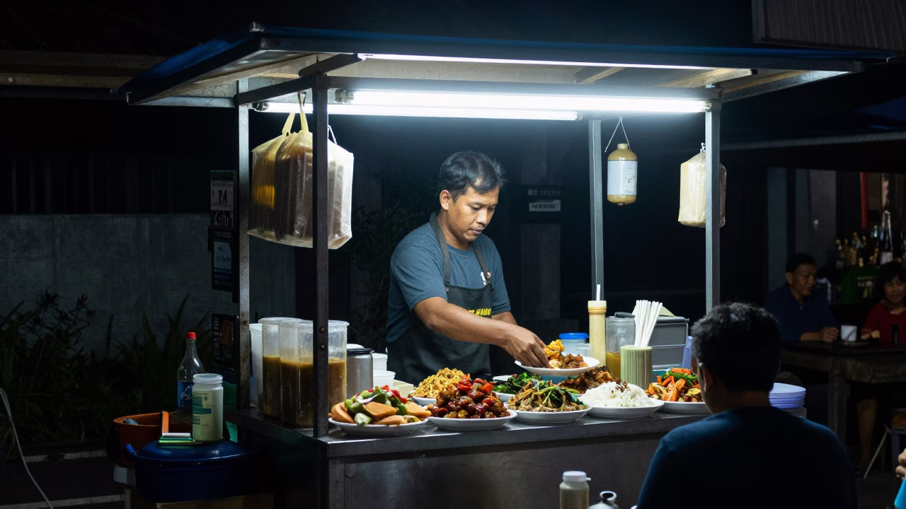 Denpasar Food Stall at Late At Night Light in in Denpasar, Indonesia