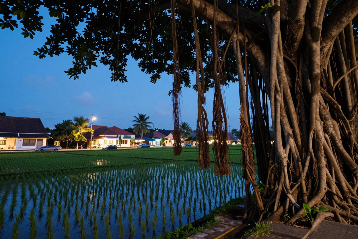 Denpasar Indonesia Blue Hour Rice Paddy Reflections and Banyan Grove Roots in in Denpasar, Indonesia
