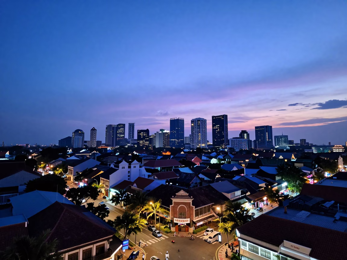 Denpasar Indonesia Blue Hour Skyline Horizon View with Local Street Life in in Denpasar, Indonesia