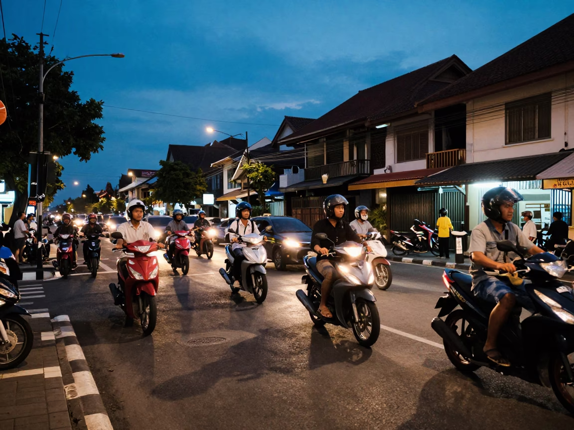 Denpasar Indonesia Blue Hour Street Scene with Motorbikes and Local Life in in Denpasar, Indonesia