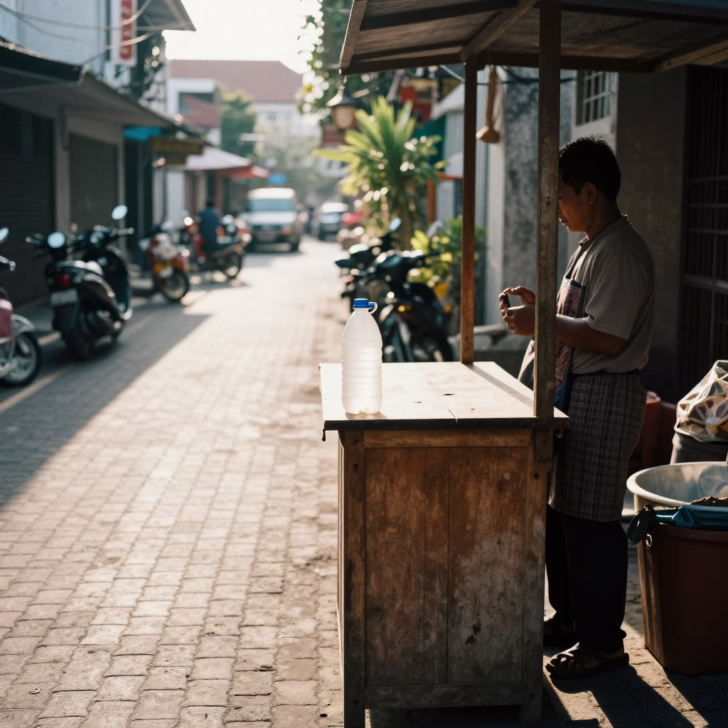Denpasar Indonesia Early Afternoon Street Scene with Watering Bottle and Door Mats in in Denpasar, Indonesia
