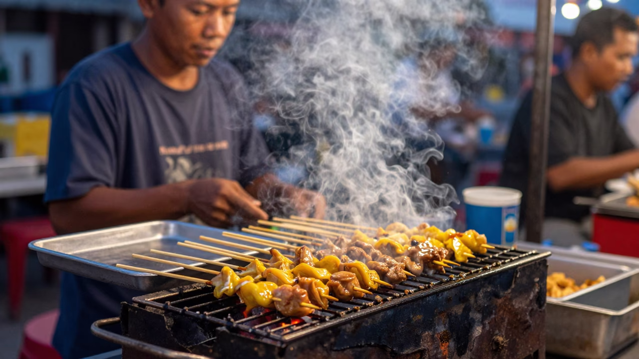 Denpasar Indonesia Evening Street Food Vendor with Sate Skewers and Charcoal Grill in in Denpasar, Indonesia