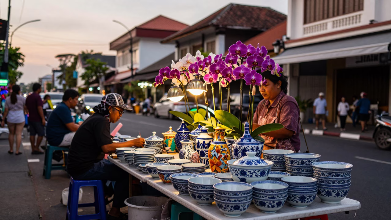 Denpasar Indonesia Evening Street Scene with Colorful Porcelain and Orchid Details in in Denpasar, Indonesia
