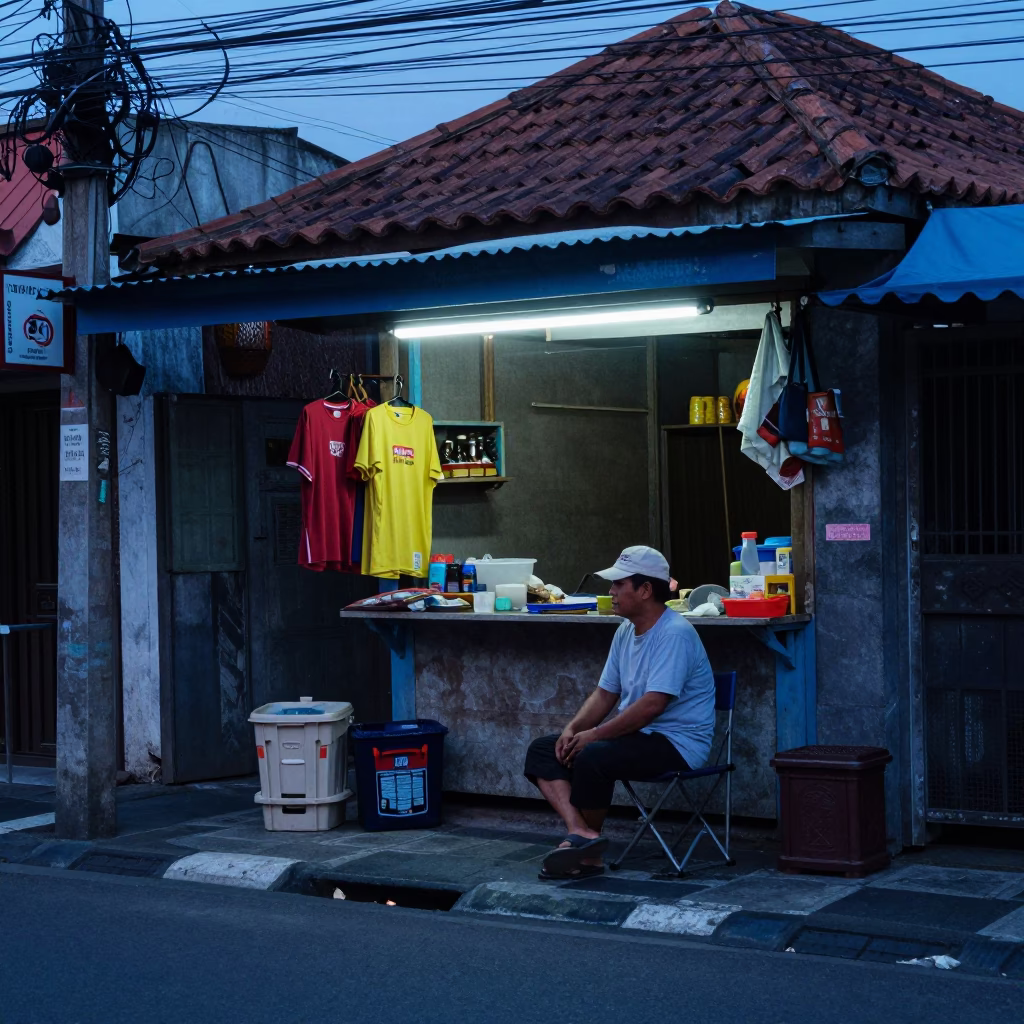Denpasar Indonesia Evening Street Scene with Folding Chair and Local Vendor in in Denpasar, Indonesia