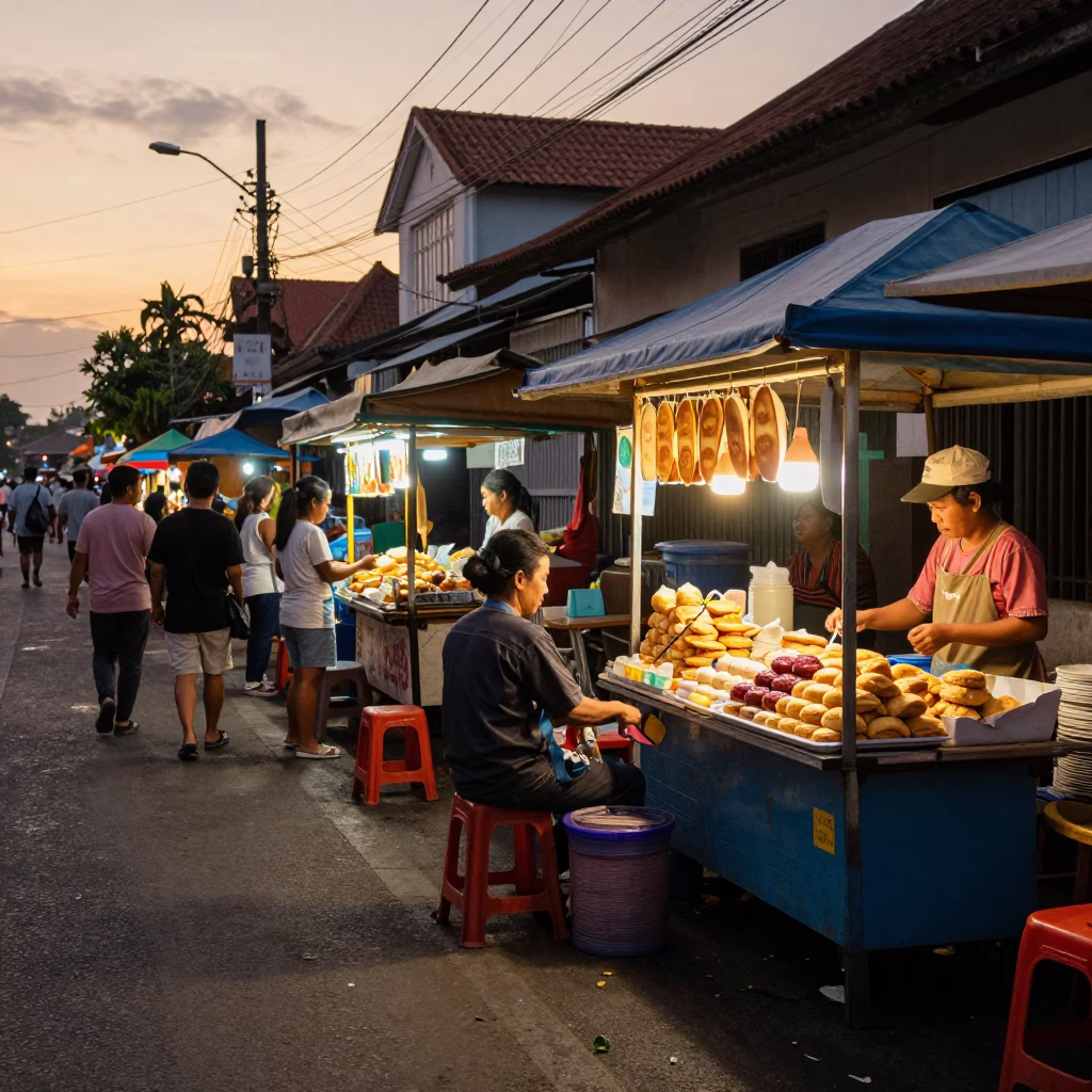 Denpasar Indonesia Evening Street Scene with Food Vendors and Local Life in in Denpasar, Indonesia