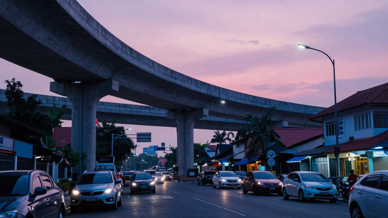 Denpasar Indonesia Evening Street Scene with Highway Flyover and Local Market Activity in in Denpasar, Indonesia