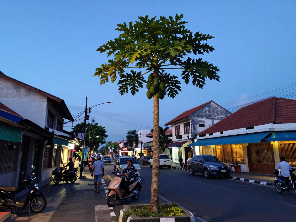 Denpasar Indonesia Evening Street Scene with Papaya Tree and Local Market Activity in in Denpasar, Indonesia