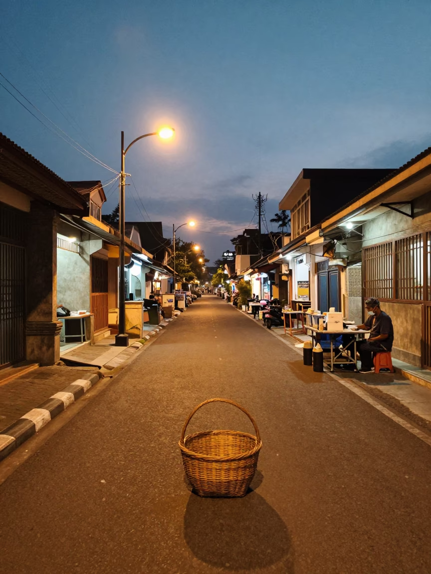 Denpasar Indonesia Evening Street Scene with Wicker Basket and City Lights in in Denpasar, Indonesia
