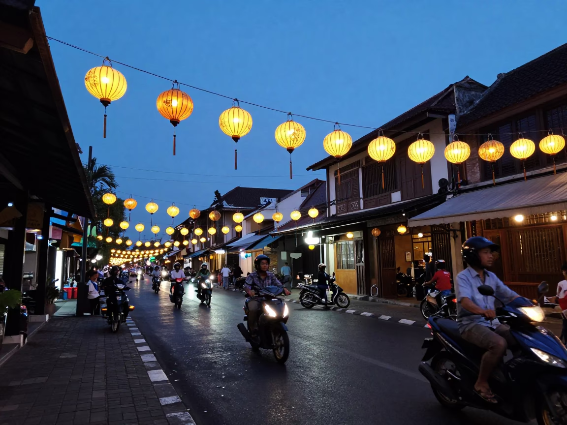 Denpasar Indonesia indigo twilight street scene with hanging paper lanterns and local evening activity in in Denpasar, Indonesia