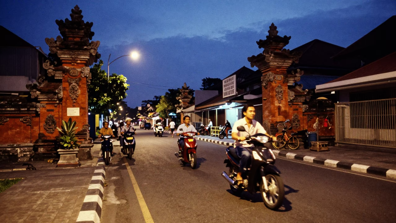 Denpasar Indonesia indigo twilight street scene with motorbike and traditional architecture in in Denpasar, Indonesia