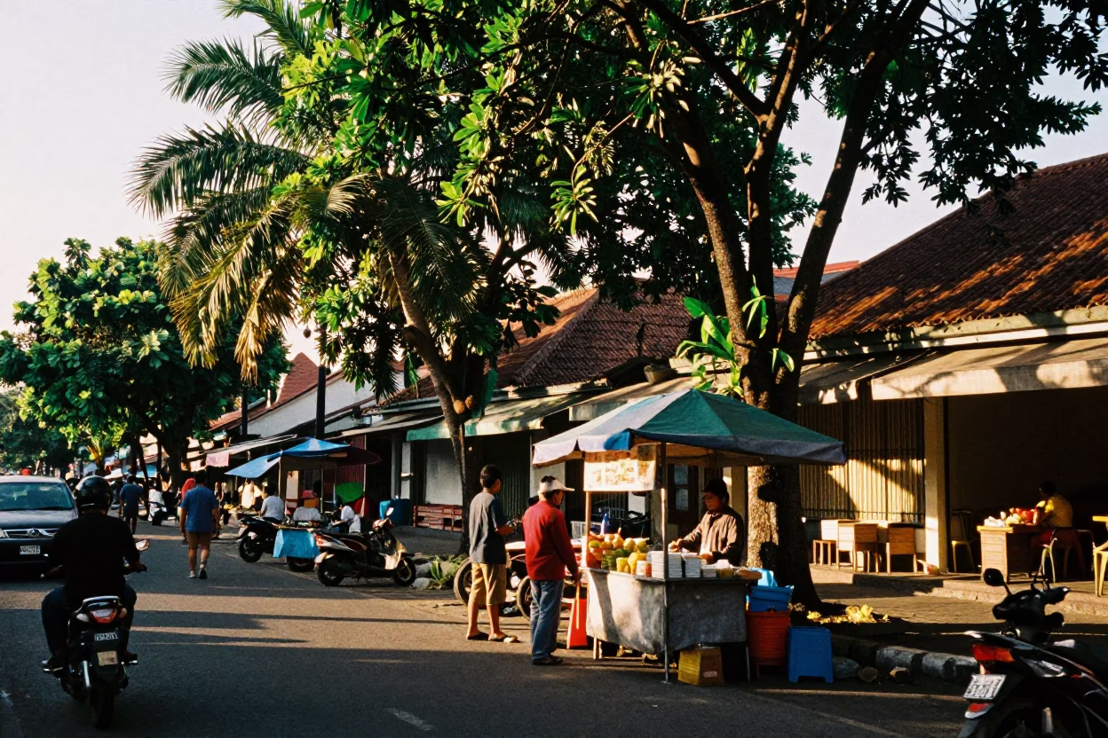 Denpasar Indonesia Late Afternoon Street Scene with Local Food and Traditional Architecture in in Denpasar, Indonesia