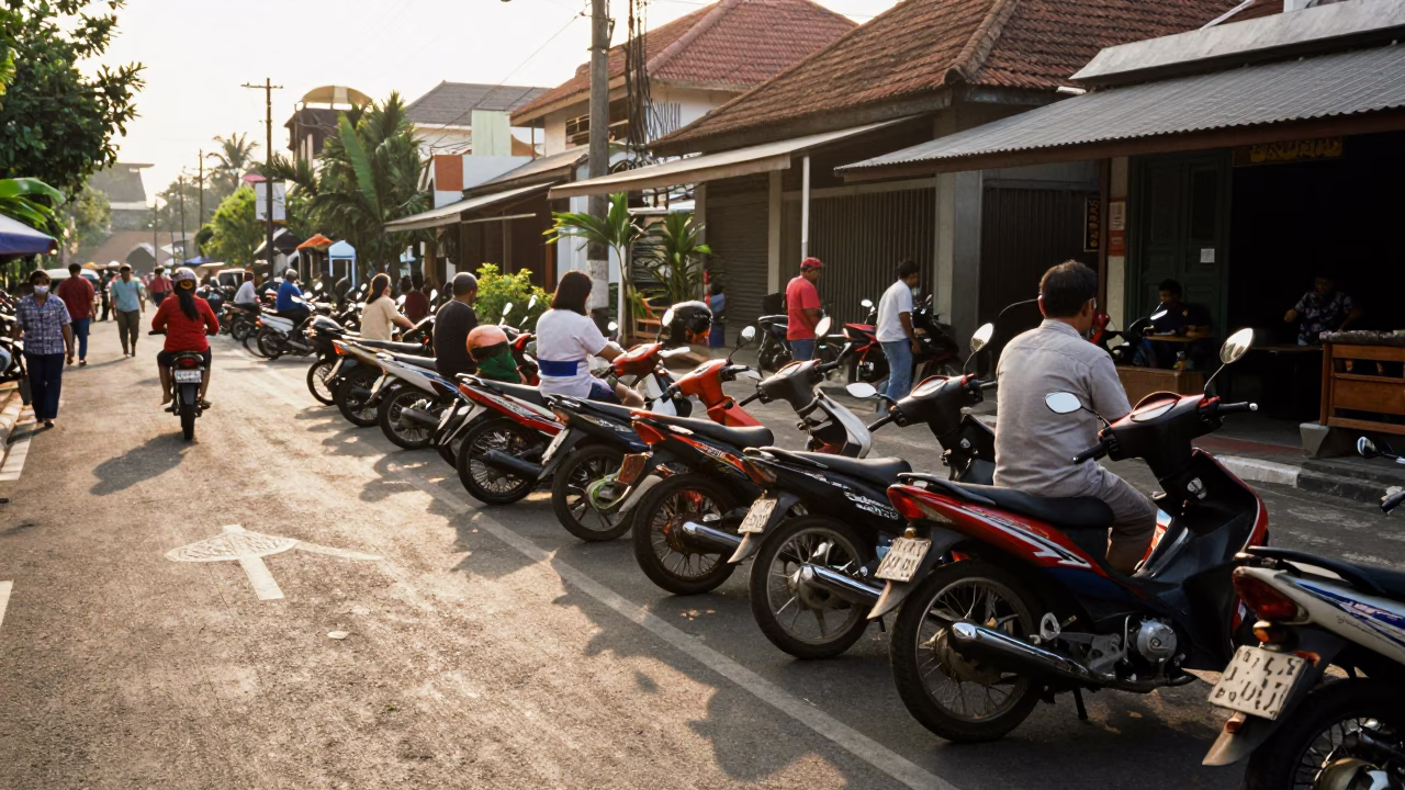 Denpasar Indonesia Late Afternoon Street Scene with Motorcycles and Local Market Activity in in Denpasar, Indonesia