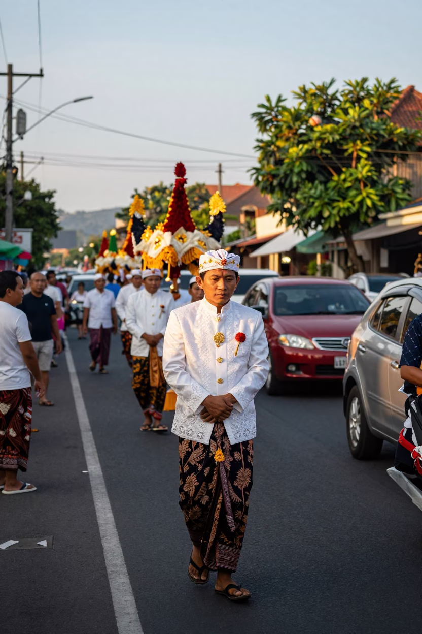 Denpasar Indonesia Late Afternoon Street Scene with Traditional Balinese Wedding Procession and Local Traffic in in Denpasar, Indonesia