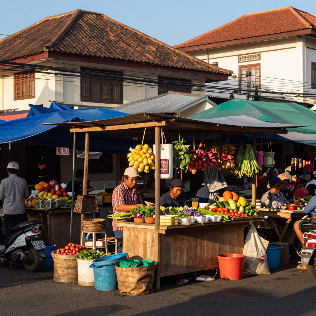 Denpasar Indonesia Late Afternoon Street Scene with Traditional Market Elements and Local Commerce in in Denpasar, Indonesia