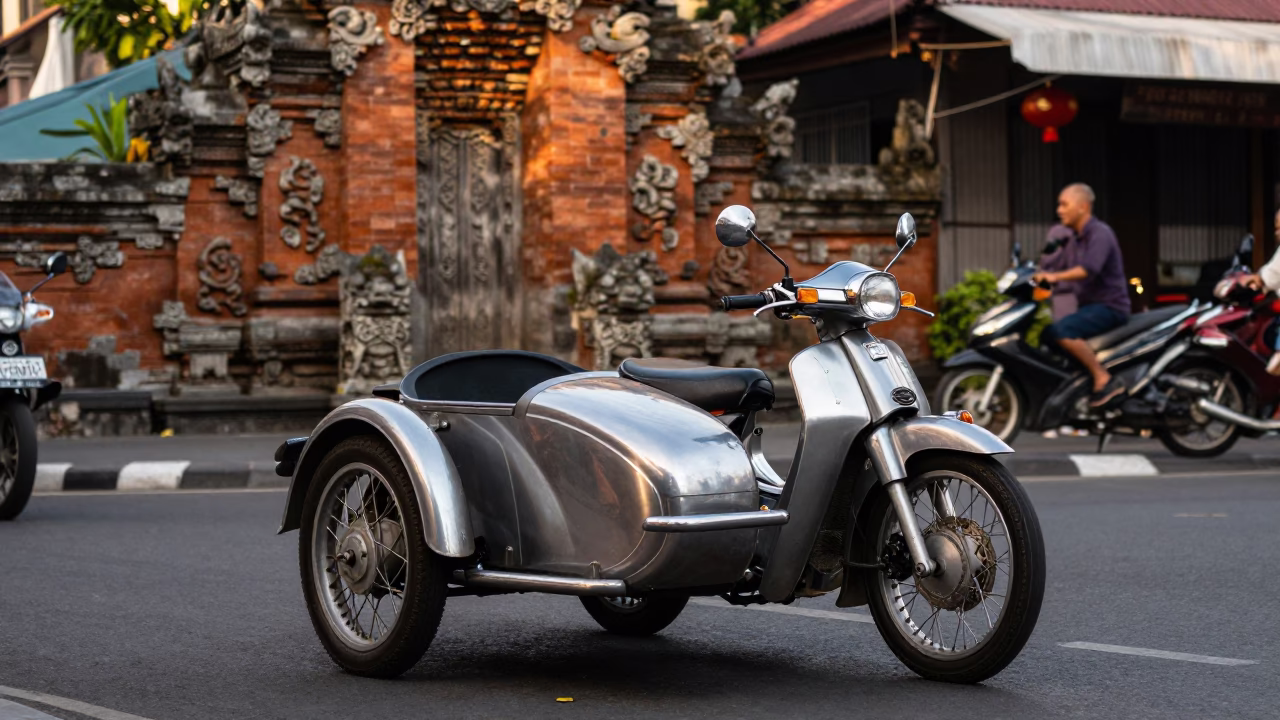 Denpasar Indonesia Late Afternoon Street Scene with Vintage Motorcycle and Sidecar in in Denpasar, Indonesia