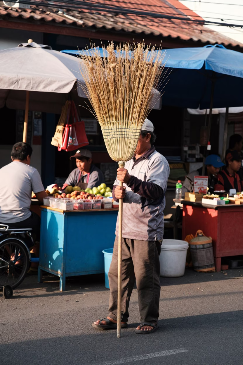 Denpasar Indonesia Late Morning Street Scene with Broom and Local Life in in Denpasar, Indonesia