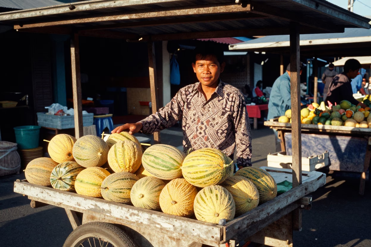 Denpasar Indonesia Market Stall with Melons in Late Afternoon Sun in in Denpasar, Indonesia