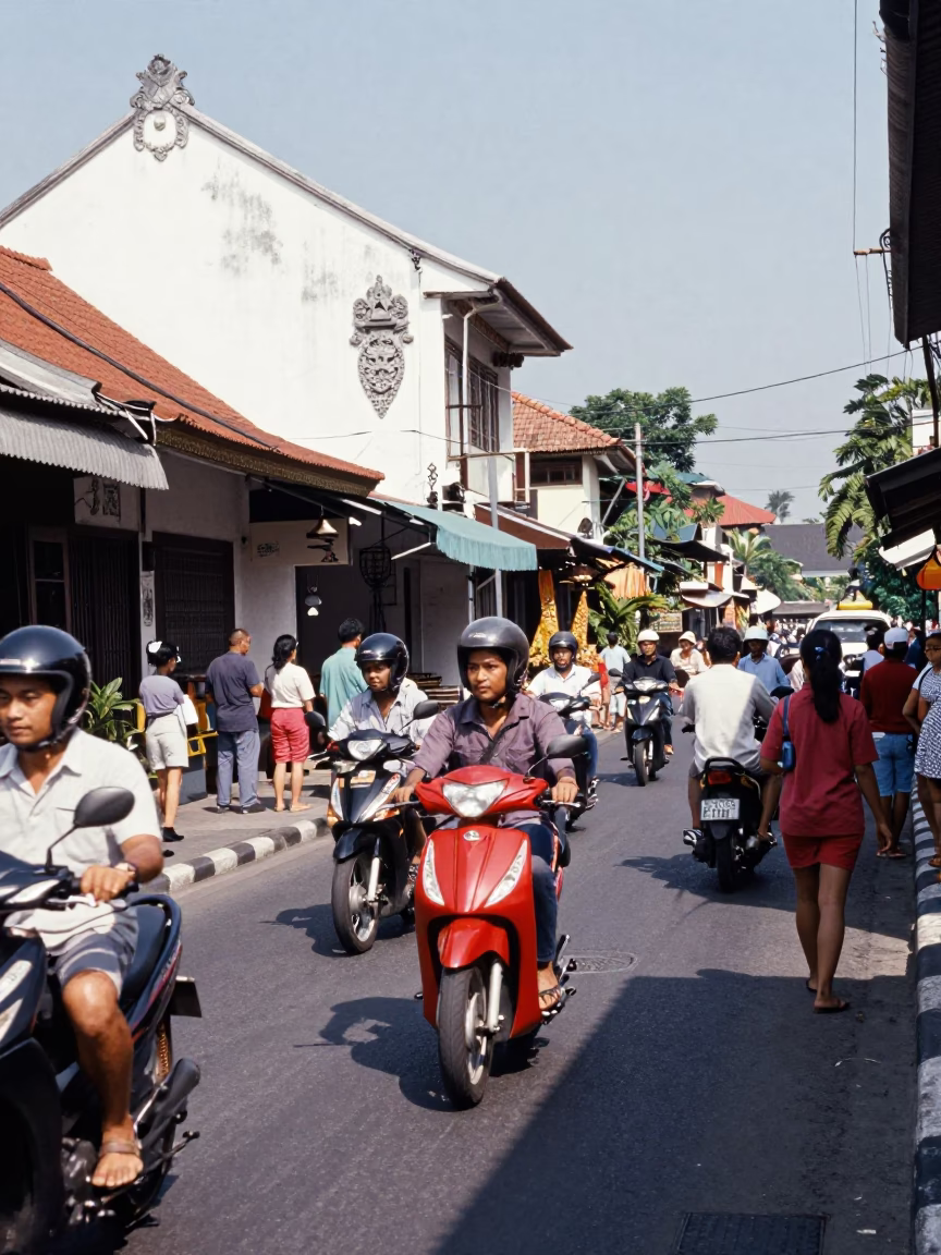 Denpasar Indonesia midday street scene with motorbikes and traditional Balinese architecture in in Denpasar, Indonesia